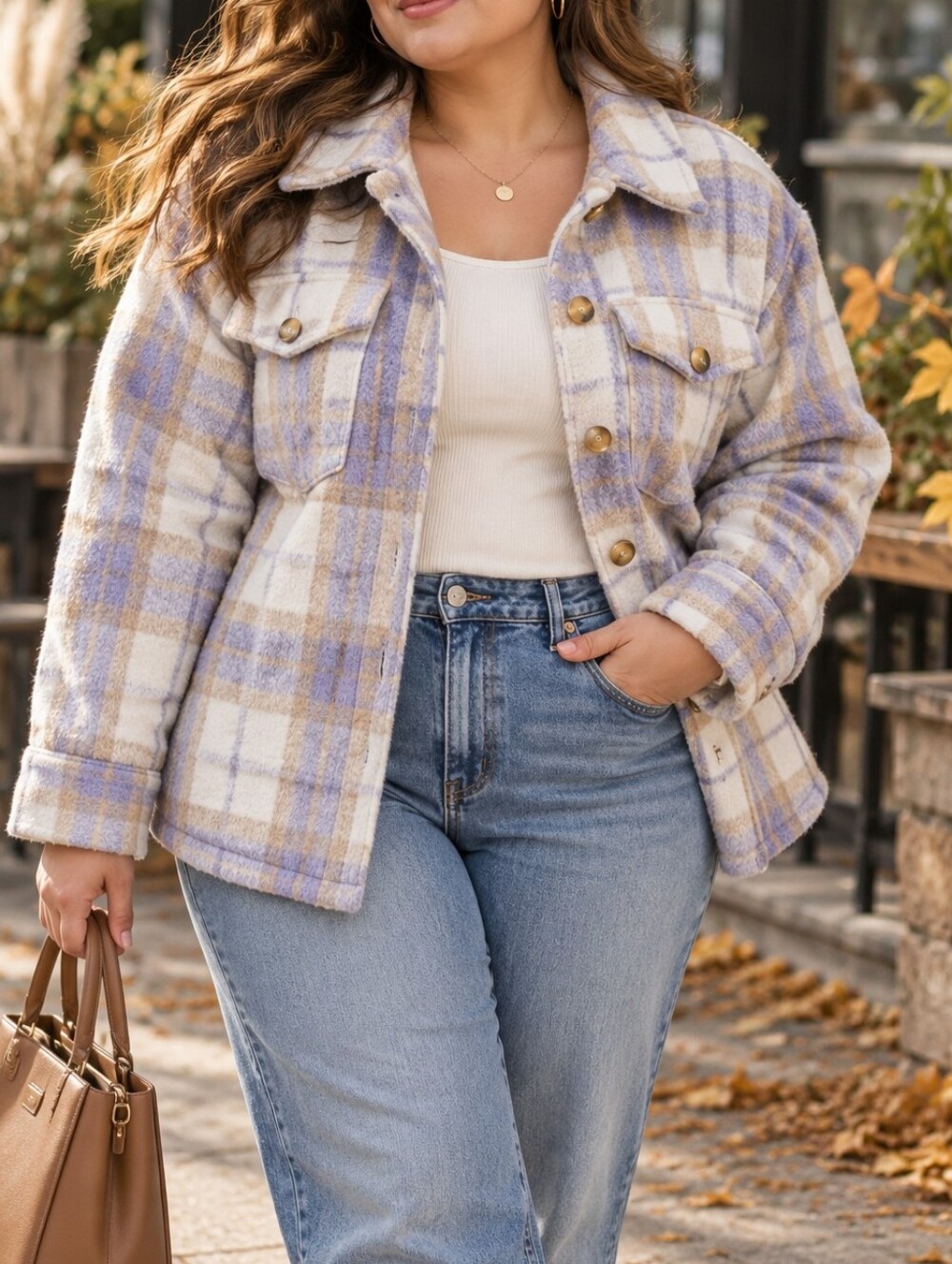 Avec Les Filles Lavender Cream Plaid Shacket Oversized Cozy Fall Jacket Casual